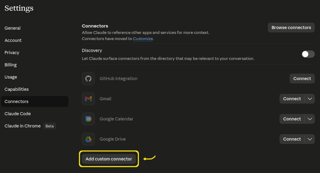Claude Settings showing the Connectors page with Add custom connector button highlighted