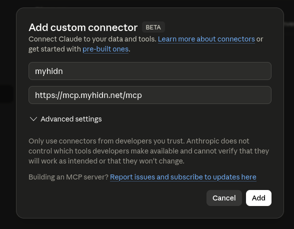 Add custom connector dialog with myhidn name and URL filled in