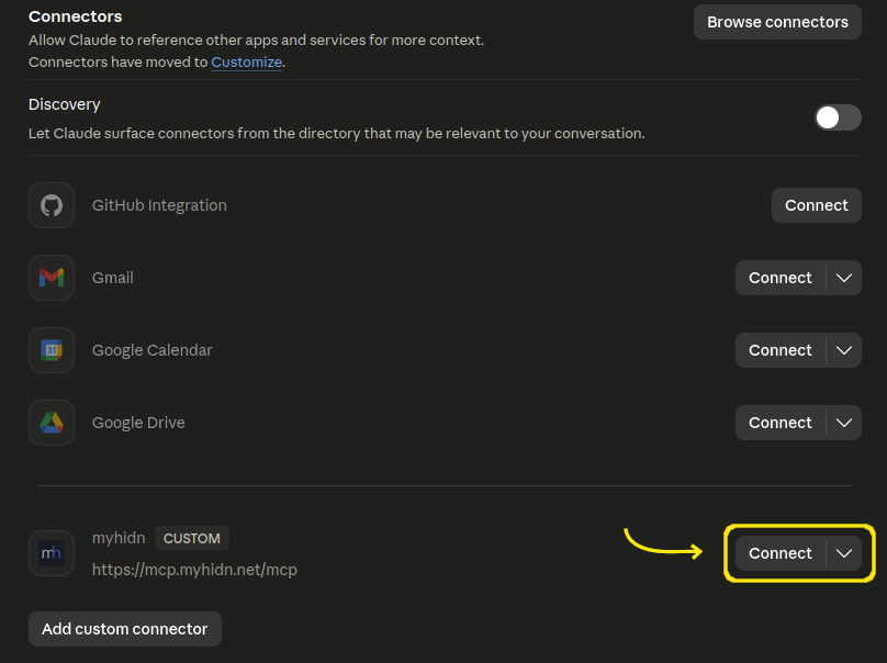 Connectors list showing myhidn with Connect button highlighted