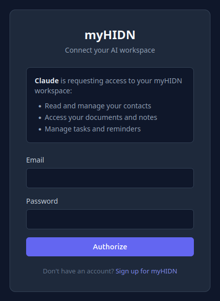 myhidn authorization page showing login form and permission request