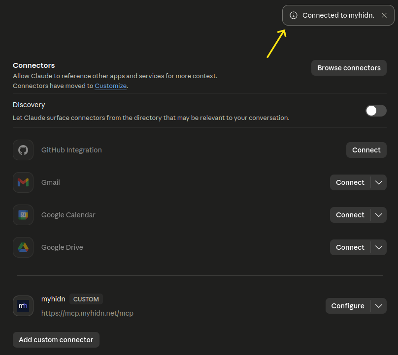 Claude showing Connected to myhidn confirmation with Configure button